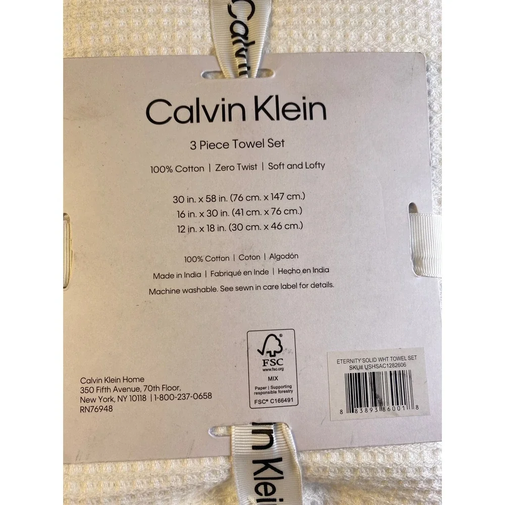 Calvin Klein Eternity Solid White 3 Piece Towel Set 100% Cotton Waffle Weave NEW